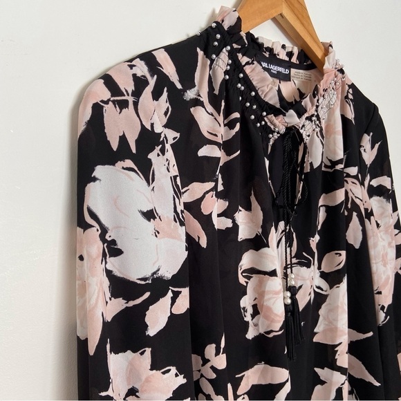 KARL Lagerfeld floral crepe blouse black pink ecru white pearls embellishments - Picture 2 of 16